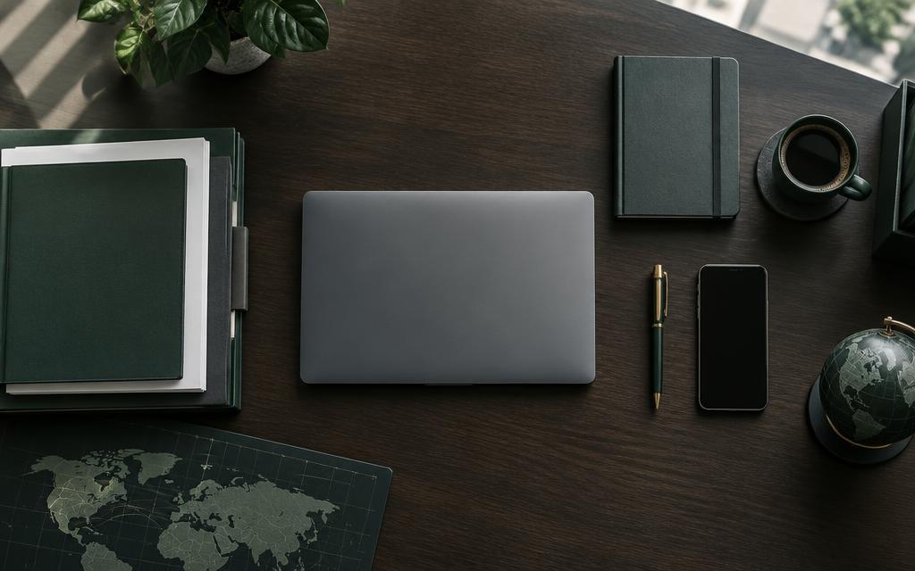 Modern corporate desk with trade documents and a laptop for transaction coordination