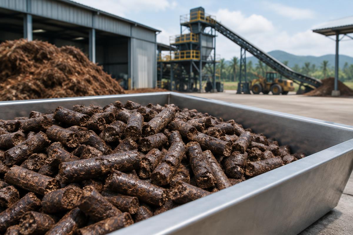 EFB biomass pellets at an industrial processing facility