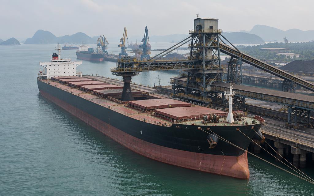 Bulk carrier vessel berthed at an industrial port loading terminal