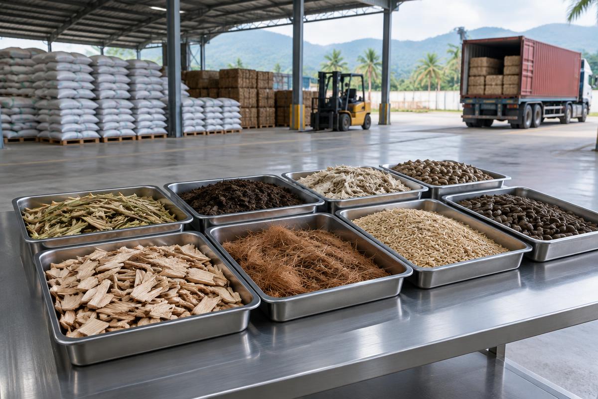 Assorted biomass material samples in an industrial warehouse