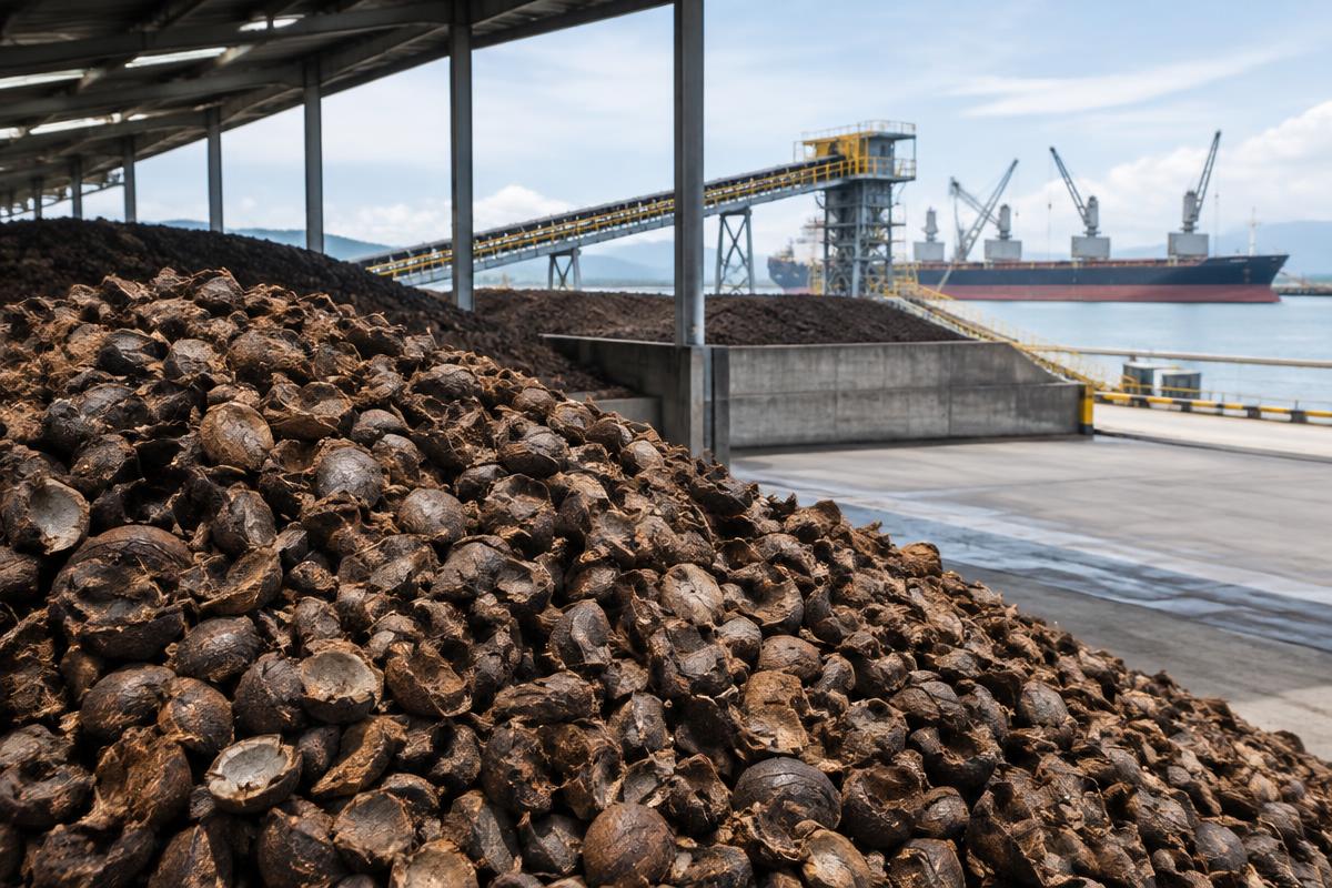 Palm kernel shell biomass stored at a port facility