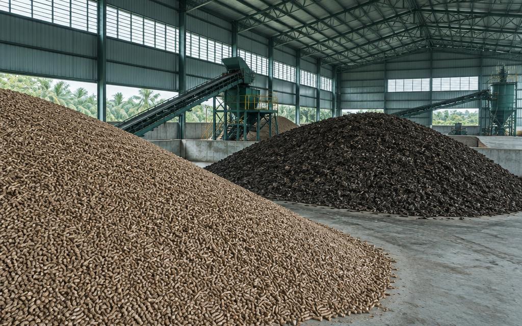 Bulk biomass material stockpiled inside an industrial storage warehouse
