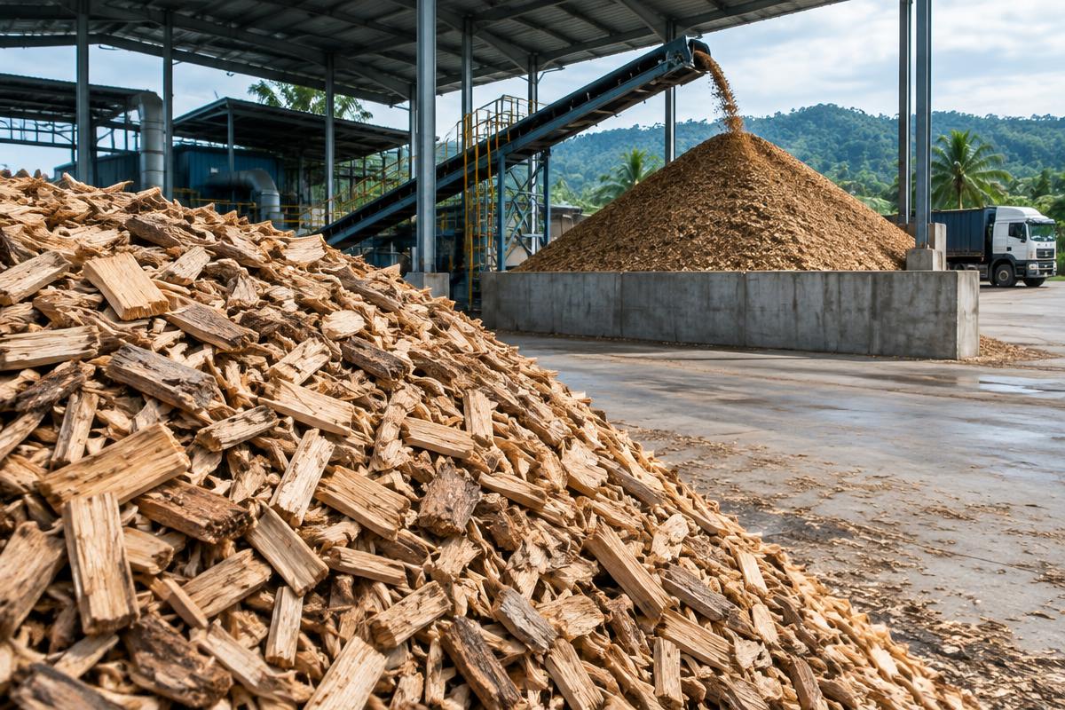 Acacia wood chips at a biomass processing yard