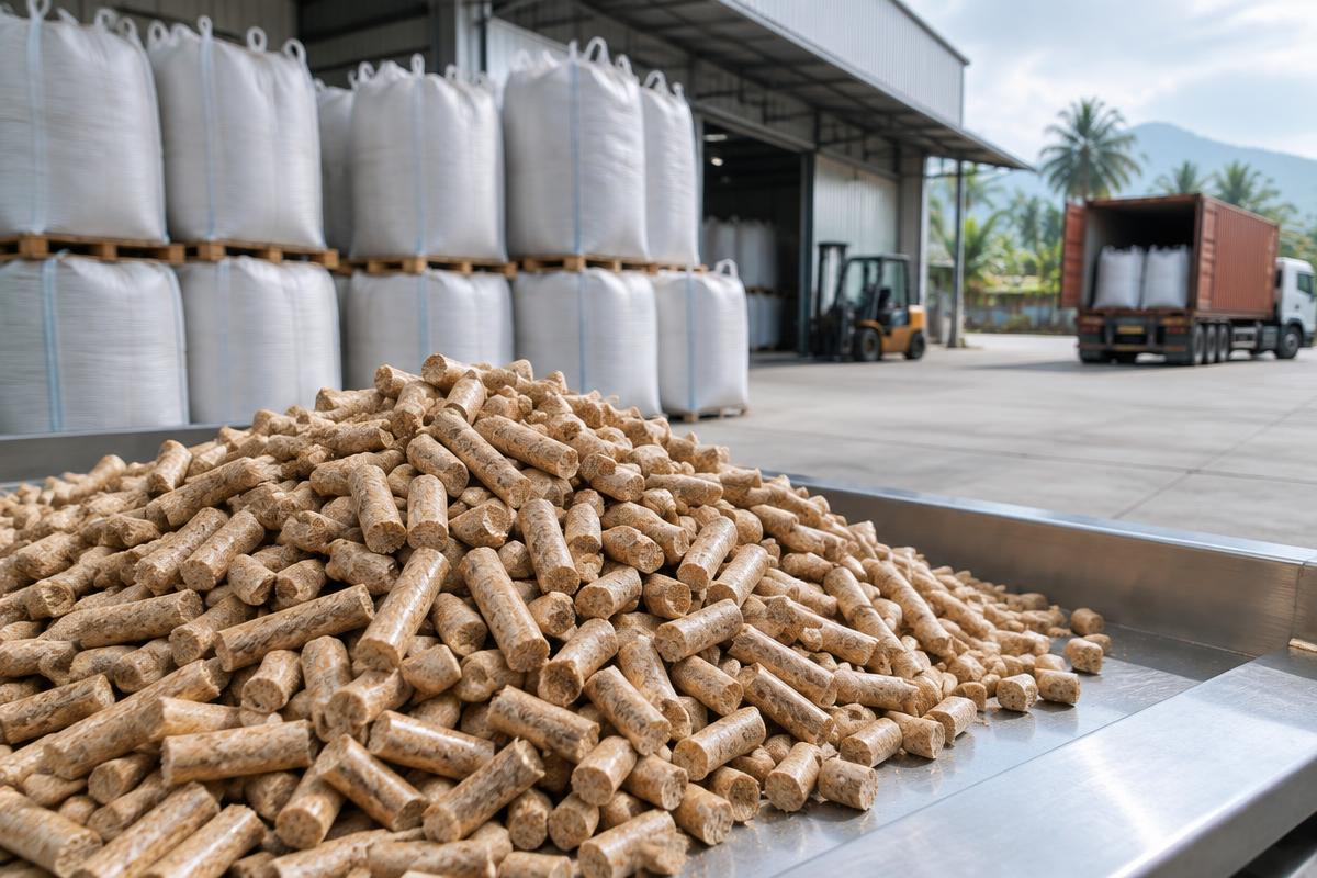 Wood pellets prepared for industrial shipment